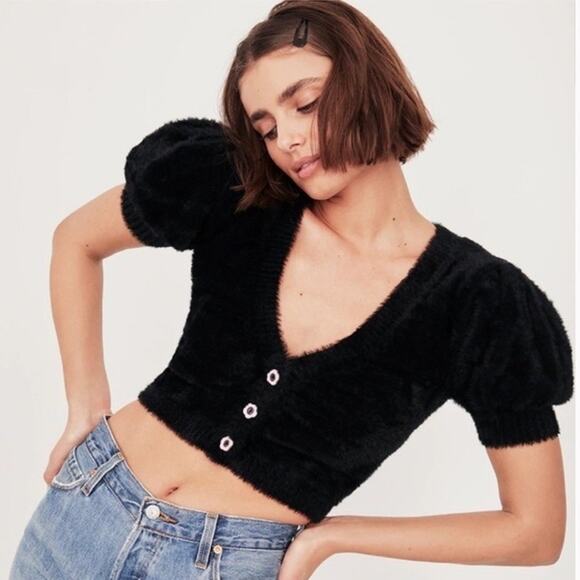 For Love and Lemons Puff Sleeve Fuzzy Cropped Cardigan Black XL - Picture 1 of 5